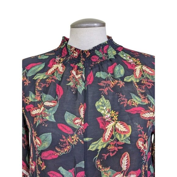 Maison Cinquecent Womens XS Top Black Floral Sheer Tie Front Smocked Mock Neck - Picture 2 of 8